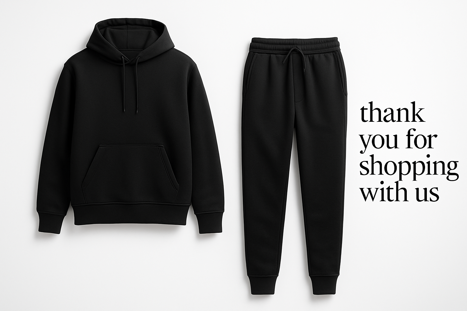 A black tracksuit with a black text next to it saying thank you for shopping with us 
