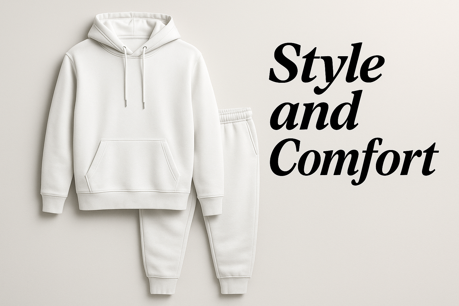 A white tracksuit with a black text next to it with a bold and italic font that says Style and Comfort